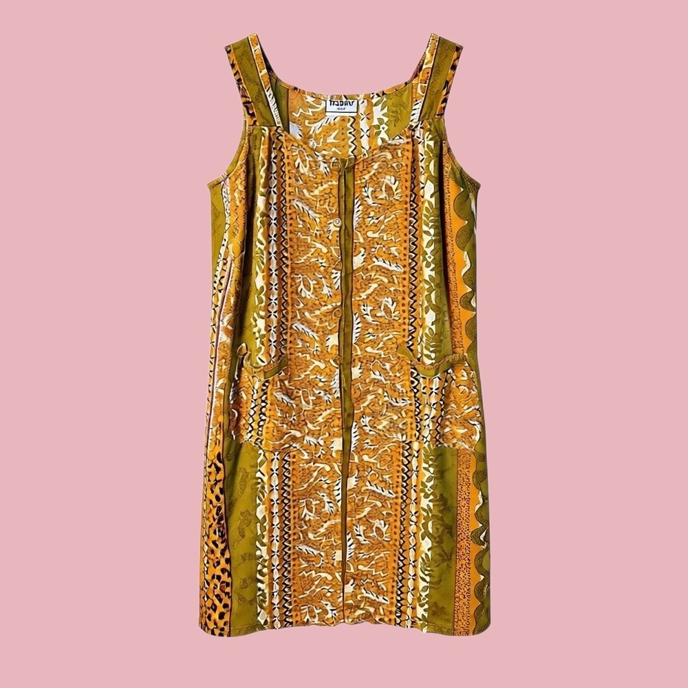 TODAY Italy Patchwork Button Front Midi Dress 100% Viscose M/L Boho